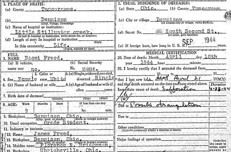 A portion of Naomi Freed's death certificate, April 1944. (Source: familysearch.org)