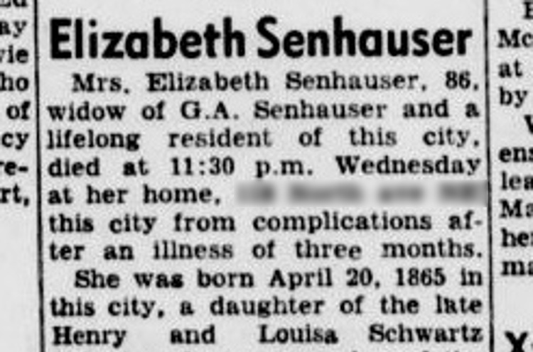 The death of Elizabeth Senhauser reported in the New Philadelphia, Ohio newspaper, June 1951. (Source: newspaperarchive.com)
