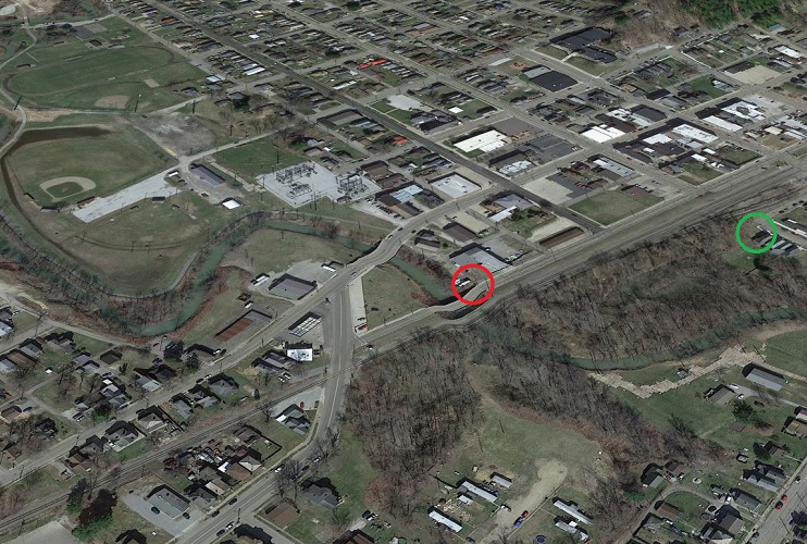 Modern view of scene of the crime. The Center Street bridge is circled in red and the location of the Freed home is circled in green, 2024. (Source: Google Earth)
