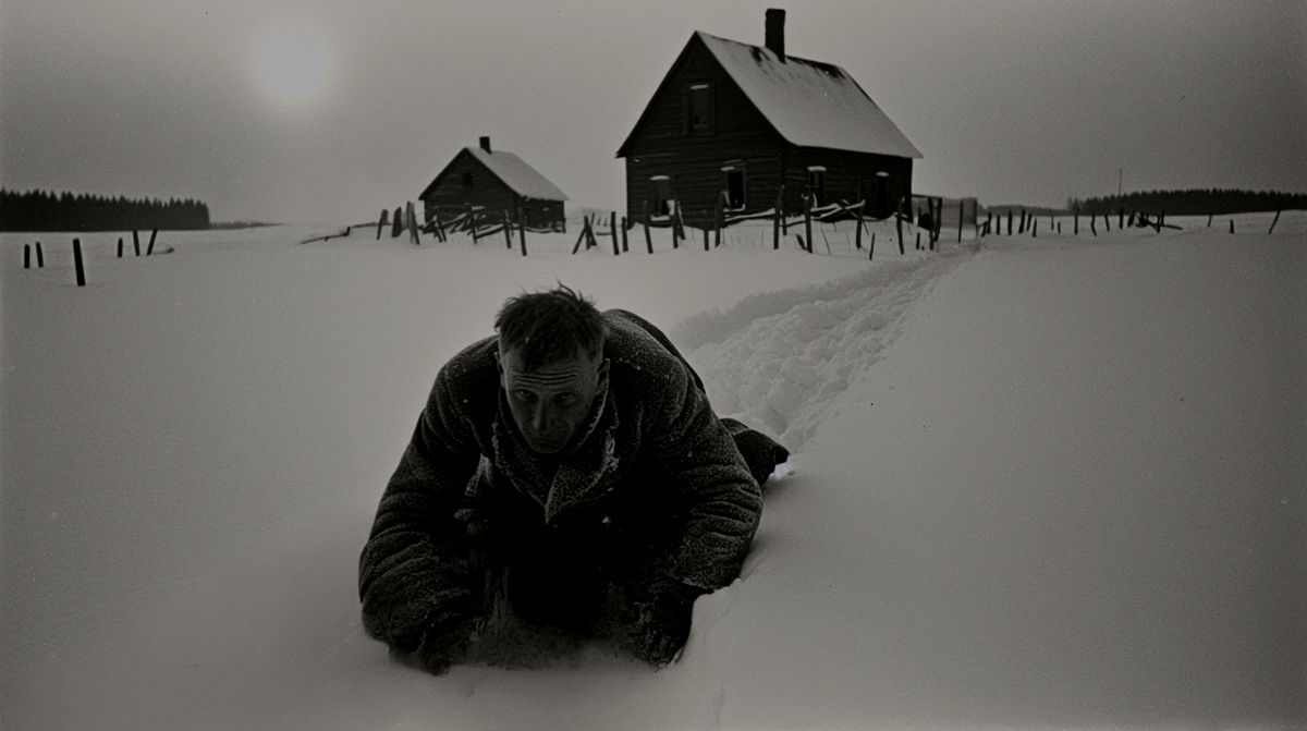 AI prompt: Photograph taken at 9:00 pm on December 1933 of a fifty-year-old man crawling through the snow from his farm house, seen in the far background of the photograph, to a neighbor's farm house. (Source: Microsoft Designer)