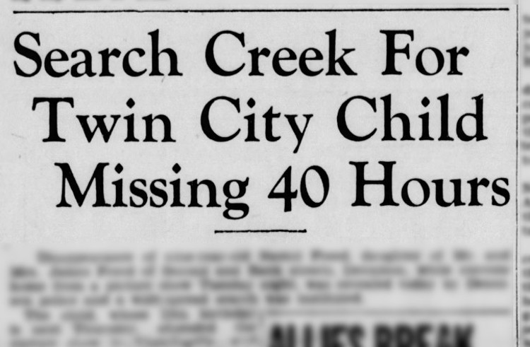 Headline for an article on the search for Naomi Freed that appeared in the New Philadelphia, Ohio newspaper, April 1944. (Source: newspaper.com)