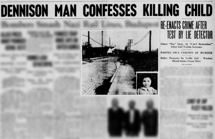 Front page of the New Philadelphia, Ohio newspaper covering the confession of Elmer C. Gray, May 1944. (Source: newspapers.com)
