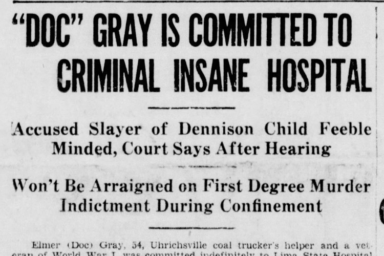 New Philadelphia, Ohio newspaper story on Elmer C. Gray's commitment to the Lima State Hospital for the Criminally Insane, September 1944. (Source: newspapers.com)