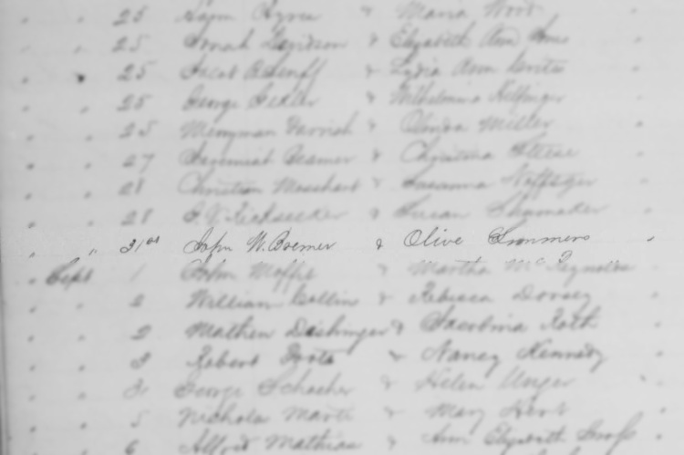 John W. Bremer's marriage to Olive E. Simmers recorded in the Tuscarawas County marriage records, August 1860. (Source: familysearch.org)