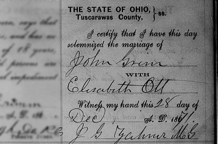 John Grimm and Elizabeth Ott's marriage recorded in the Tuscarawas County marriage records, December 1871. (Source: familysearch.org)