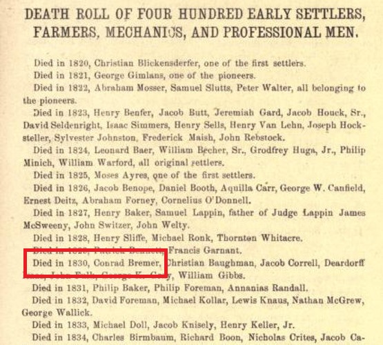 The elder Conrad Bremer's death noted in "Ohio Annals : Historic events in the Tuscarawas and Muskingum Valleys, and in other portions of the state of Ohio...", 1875. (Source: archive.org)