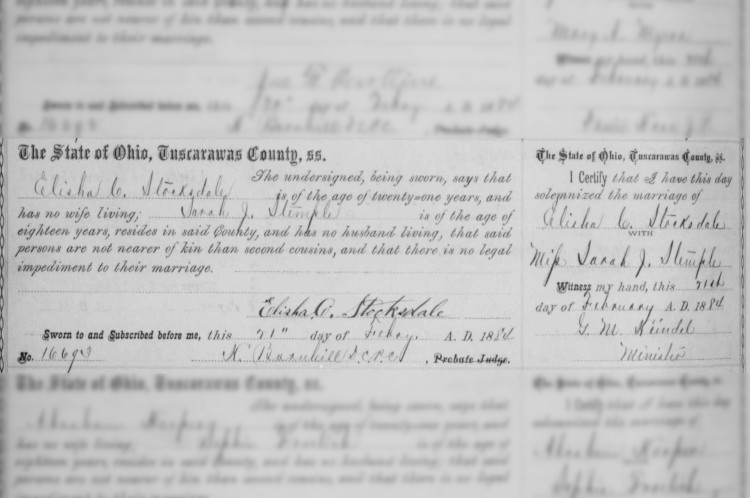 Marriage of Elisha Stocksdale and Sarah Stemple recorded in Tuscarawas County, February 1884. (Source: familysearch.org)