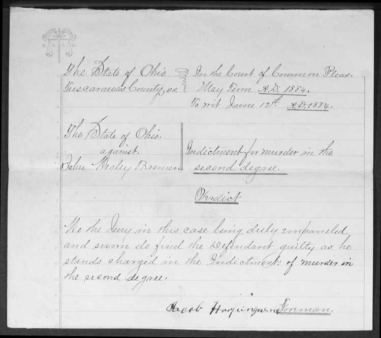 The verdict in the trial of John W. Bremer found in the Tuscarawas County Criminal Records, June 1884. (Source: familysearch.org)