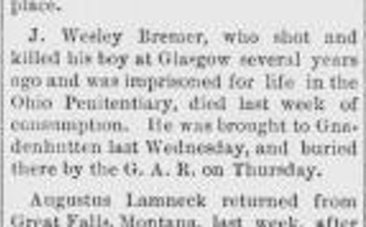 John W. Bremer's death recorded in a New Philadelphia, Ohio newspaper, October 1889. (Source: newspaperarchive.com)
