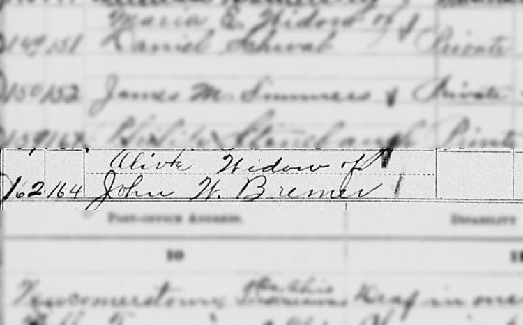 Olive Bremer recorded as a widow receiving pension money on the 1890 pensioner records. (Source: familysearch.org)