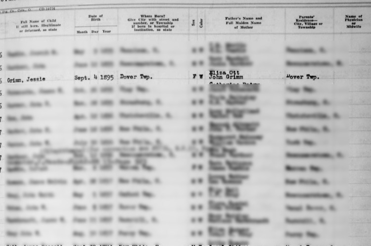 Jessie Grimm's birth recorded in the Tuscarawas County birth records, September 1895. (Source: familysearch.org)