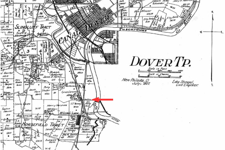The location of the Grimm family property in Blicktown identified on the 1908 Atlas map for Dover Township, Tuscarawas County. (Source: ancestry.com)