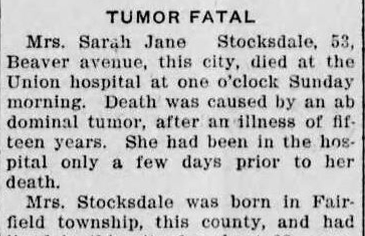 Sarah Stocksdale's death reported in a New Philadelphia, Ohio newspaper, August 1913. (Source: newspaperarchive.com)