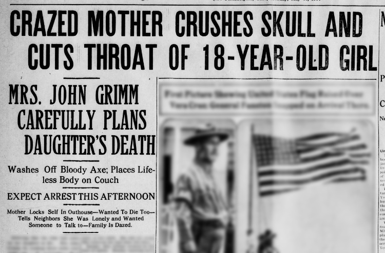 Headlines in a New Philadelphia, Ohio newspaper that reported the murder of Jessie Grimm at the hands of her mother, May 1914. (Source: newspapers.com)