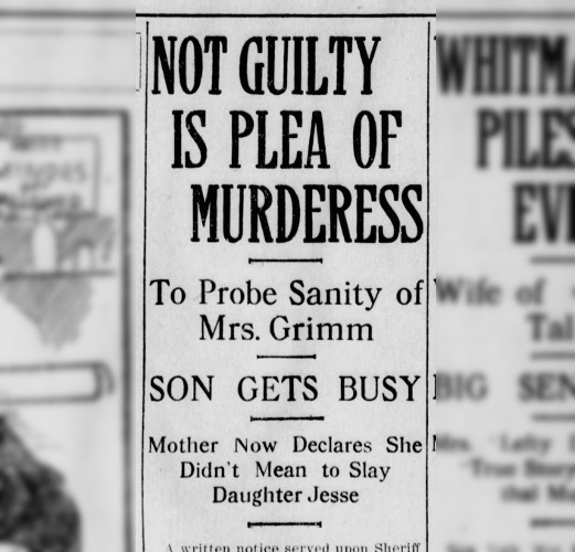 Headline in a New Philadelphia, Ohio newspaper that reported the Elizabeth Grimm's plea of not guilty in the murder of her daughter, May 1914. (Source: newspapers.com)