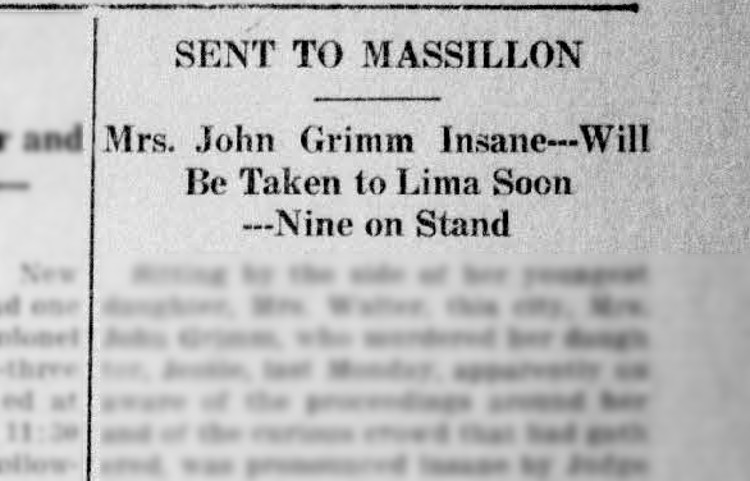 Headline in a New Philadelphia, Ohio newspaper that reported the Elizabeth Grimm's insanity determination, May 1914. (Source: newspapers.com)