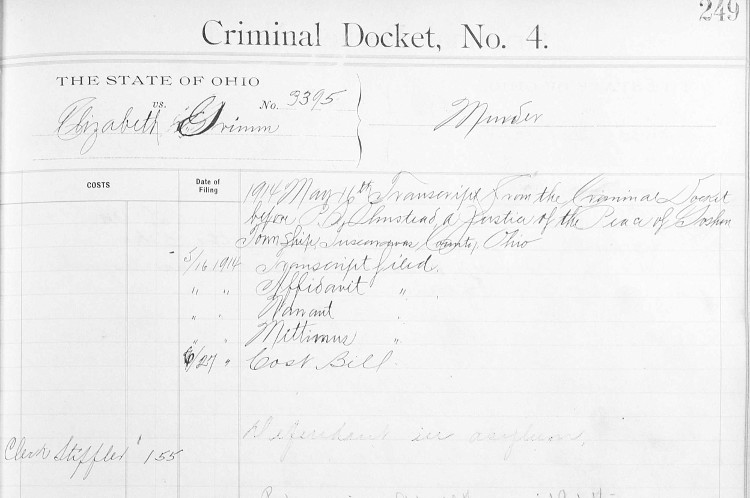 Elizabeth Grimm's case in the Tuscarawas County Criminal Records, May 1914. (Source: familysearch.org)