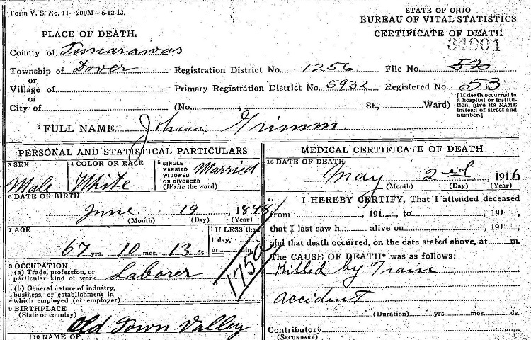 Detail from John Grimm's death certificate, May 1916. (Source: familysearch.org)