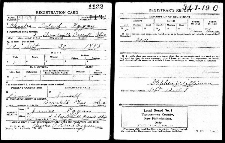 Charles Orland Eggan's World War One Draft Registration form, September 1918. (Source: Familysearch.org)