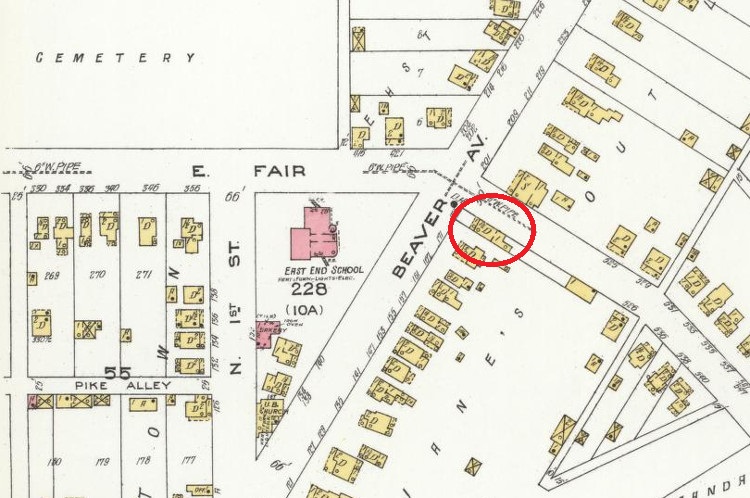 The Stocksdale house as depicted on the 1926 Sanborn Insurance map for New Philadelphia, Ohio. (Source: loc.gov)
