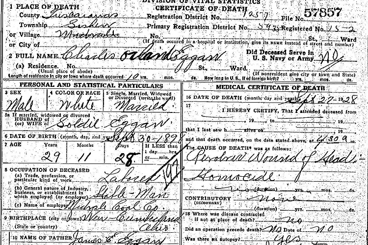 Detail from Charles Orland Eggan's death certificate, September 1928. (Source: familysearch.org)