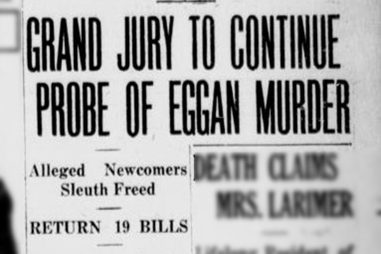 New Philadelphia, Ohio newspaper headline announcing the first grand jury probe into the murder of Charles Eggan, April 1929. (Source: newspapers.com)