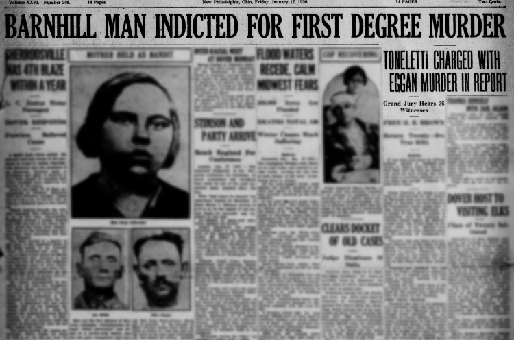 New Philadelphia, Ohio newspaper headline announcing the indictment of Frank Tonelotti, January 1930. (Source: newspapers.com)