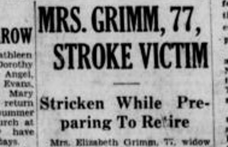 Newspaper headline in New Philadelphia, Ohio reporting on the death of Elizabeth Grimm, July 1931. (Source: newspaperarchive.com)