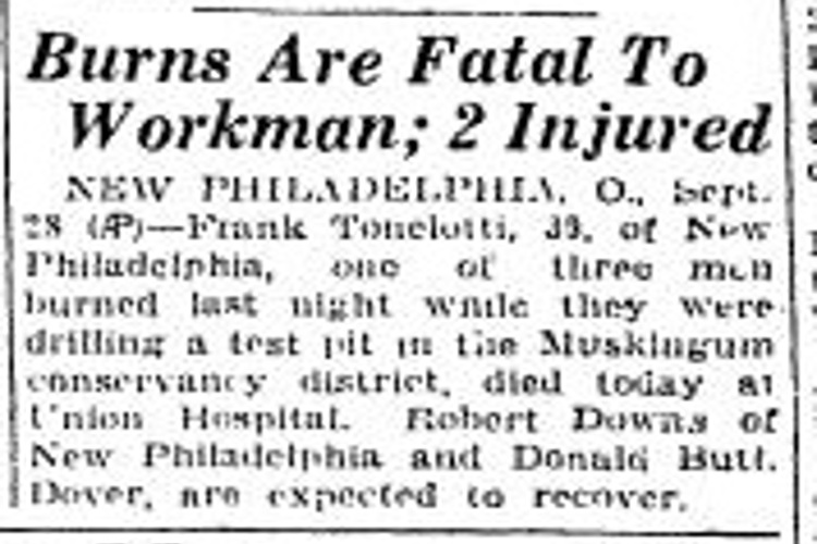 Sandusky, Ohio newspaper article reporting on the death of Frank Tonelotti, September 1934. (Source: newspaperarchive.com)