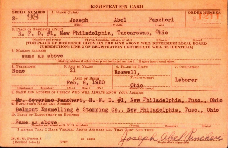 Joseph Pancheri's World War Two draft registration, July 1941. (Source: fold3.com)