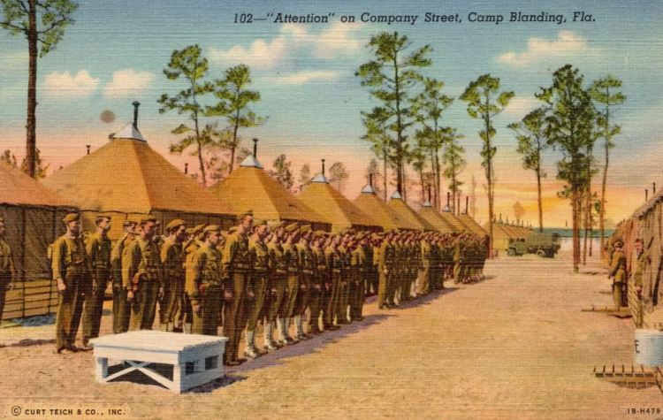 Postcard of soldiers at Camp Blanding, Florida, c. 1942. (Source: ebay.com)