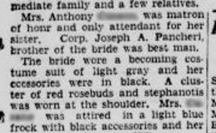 Joseph Pancheri as the Best Man in his sister's wedding reported in the New Philadelphia, Ohio newspaper, August 1944. (Source: newspaperarchive.com)
