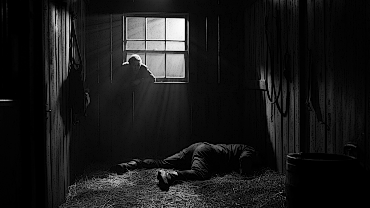 AI depiction of Charles Orland Eggan lying on the floor of the Midvale Mine #4's stable as his killer looks in the window.