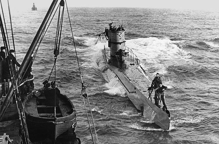Photograph of the German submarine U-486 refueling at sea, c. 1944. (Source: reddit.com)