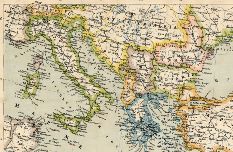Detail from a map showing Southern Europe, including Italy and Austria- Hungary, 1890. (Source: loc.gov)