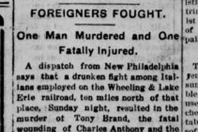 Massillon newspaper account of the murder of Tony Brand by Dan Stirp, August 1906. (Source: newspaperarchive.com)