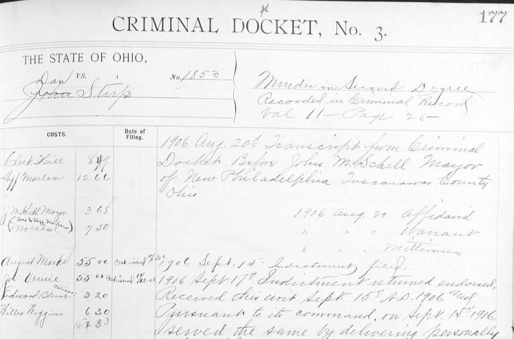 Detail from John "Dan" Stirp's criminal record, October 1906. (Source: familysearch.org)