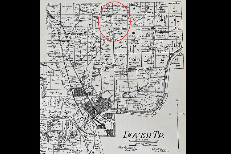 The Ruslin Hills area of Dover Township, Tuscarawas County, Ohio outlined in red. (Source: ancestry.com)