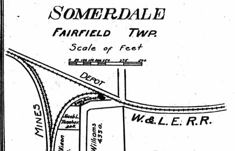 Detail from 1908 Tuscarawas Atlas map showing the depot and Wheeling and Lake Erie tracks in Somerdale, Ohio. (Source: ancestry.com)