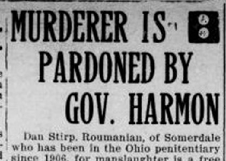 New Philadelphia newspaper article reporting the pardon of John "Dan" Stirp, January 1913. (Source: newspaperarchive.com)