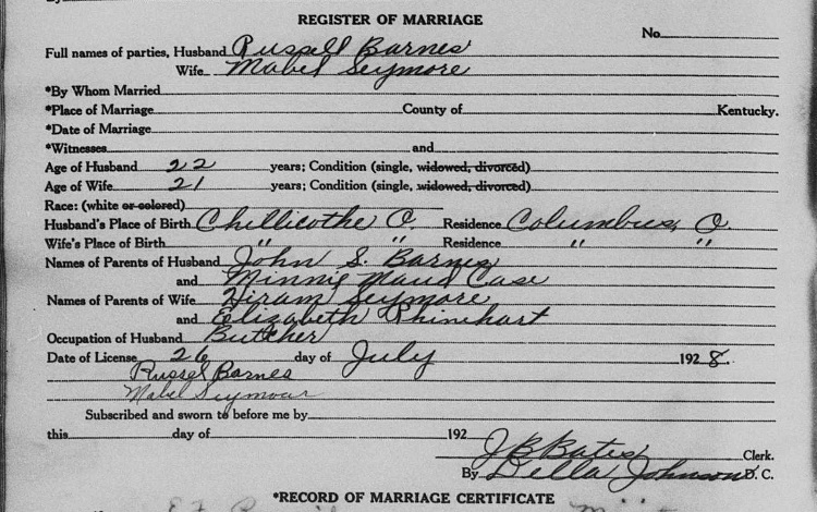 Marriage record of Mabel Seymour and Russell Barnes, July 1928. (Source: familysearch.org)