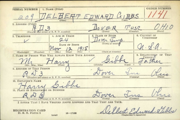 Portion of Delbert Gibbs' World War Two draft registration document, October 1940. (Source: fold3.com)