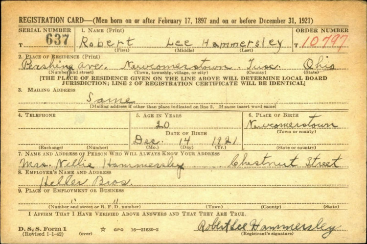 The front of Robert Hammersley's World War Two draft registration, February 1942. (Source: fold3.com)