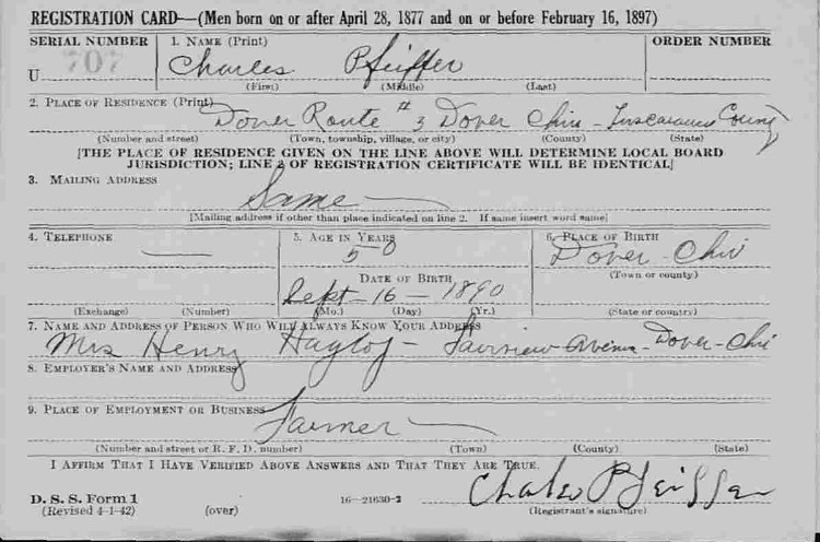 Portion of Charles Pfeiffer's World War Two draft registration document, April 1942. (Source: ancestry.com)