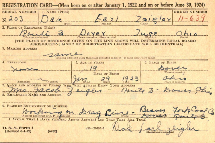 Portion of Dale Zeigler's World War two draft registration card, June 1942. (Source: fold3.com)
