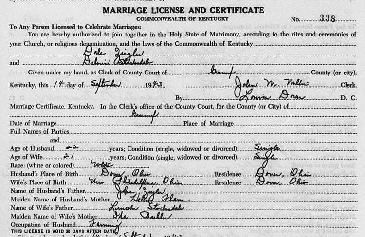 Dale Zeigler and Deloris Stocksdale's Kentucky marriage license, September 1943. (Source: familysearch.org)