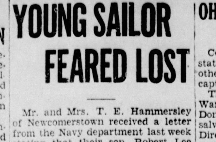 New Philadelphia, Ohio newspaper article reporting on the possible death of Robert L. Hammersley, May 1944. (Source: newspapers.com)