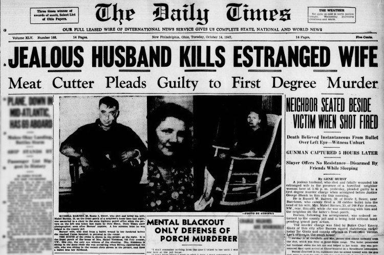 Front page of the New Philadelphia, Ohio newspaper the day after Mabel Russell's murder, October 1947. (Source: newspapers.com)