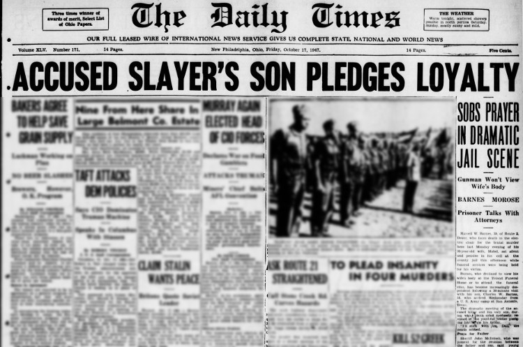 Front page of the New Philadelphia, Ohio newspaper reporting on Mabel and Russell's son's visit to his father, October 1947. (Source: newspapers.com)