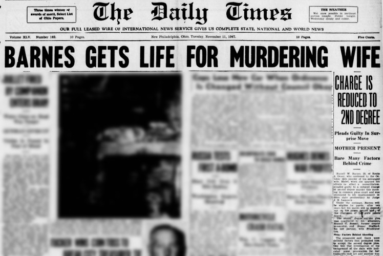 Front page of the New Philadelphia, Ohio newspaper reporting on Russell Barnes' sentence, November 1947. (Source: newspapers.com)